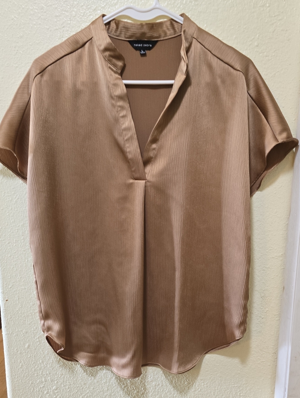 Naked Zebra Satin Short Sleeve Split-Neck Top in Tan